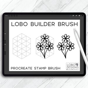 May include: A digital illustration of a Procreate stamp brush called "LOBO BUILDER BRUSH" on a tablet screen. The brush creates a geometric flower design.