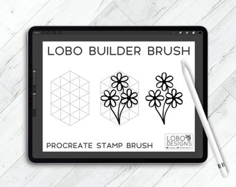 May include: A digital illustration of a Procreate stamp brush called "LOBO BUILDER BRUSH" on a tablet screen. The brush creates a geometric flower design.
