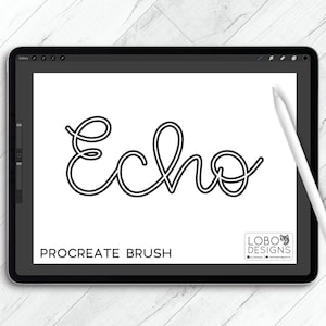 May include: A digital drawing of the word "Echo" in a handwritten, cursive style. The word is drawn in black on a white background. The text "PROCREATE BRUSH" is below the word "Echo". The image is displayed on a digital tablet screen.