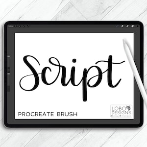 May include: A digital illustration of the word "Script" in a stylized, handwritten font. The text is displayed on a white background on a digital tablet screen. The text "Procreate Brush" is displayed below the word "Script".