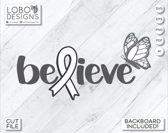 Cut File / Laser File — Hand-Lettered "Believe" Design w/ Hand-Drawn Ribbon, Butterfly, Backboard and Frame! — SVG, PDF, AI