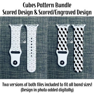 May include: Two versions of a black and white geometric cube pattern Apple Watch band. The band is shown in both a scored and engraved design. The text "LOBO DESIGNS" is visible on the band.