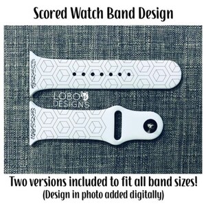 May include: Two white silicone watch bands with a geometric pattern. The bands are designed to fit all sizes. The text "LOBOS DESIGNS" is visible on the band.