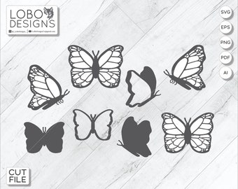 Cut File / Laser File Bundle — Set of 8 Hand-Drawn Butterfly Designs— SVG, PDF, AI