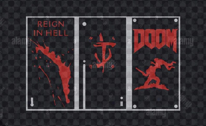 May include: Three black and white panels with red graphics. The left panel has the text "Reign in Hell" and a red splatter pattern. The middle panel has a red symbol. The right panel has the text "DOOM" and a red silhouette of a demon.