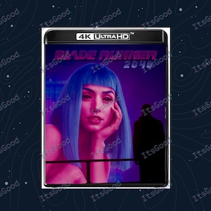 May include: A 4K Ultra HD Blu-ray case for the movie "Blade Runner 2049". The cover features a woman with blue hair and the film's title in pink. A silhouette of a person is in the background.