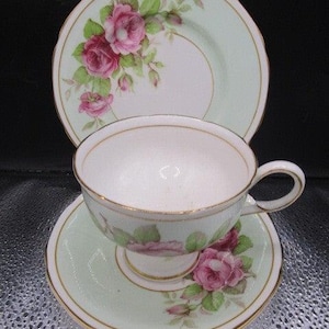 Paragon Floral Green Trio Cup Saucer Plate Set | Vintage Bone China Tea Set Made in England | Collectible Fine China Tableware