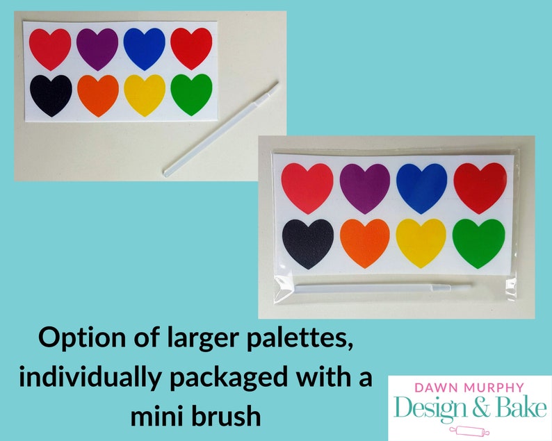 Puede incluir: Dos juegos de paletas en forma de coraz&oacute;n en varios colores: rojo, morado, azul, rojo, negro, naranja, amarillo y verde. Cada paleta est&aacute; empaquetada con un mini pincel. El texto en la imagen dice "Opci&oacute;n de paletas m&aacute;s grandes, empaquetadas individualmente con un mini pincel."