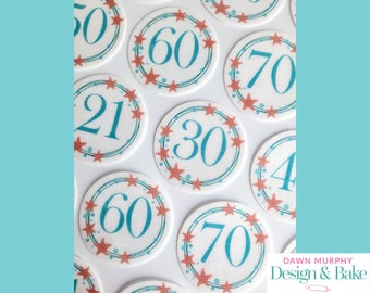 Milestone birthday PRE CUT Edible Toppers Star Fish Sealife Cake Cupcakes Drinks Cookies 18 21 30 40 50 60 70 80 90 100 Wafer or icing paper