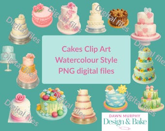 Watercolour Cake Clipart Bundle | 26 Illustrations | Wedding, Birthday Cakes, Bakery Logo Graphics | Printable PNGs Small Business Branding