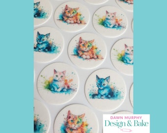 Cats Feline Watercolour Pre-cut Edible Toppers for Cakes Cupcakes, Drinks Cookies, Desserts Birthday Party Wafer paper, card or icing paper