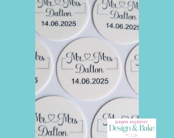 Wedding Mr & Mrs Surname Personalised Edible Toppers Pre Cut for Cakes Cupcakes Drinks Cookies Desserts Party Wafer paper, card, icing paper