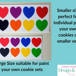 Puede incluir: Dos hojas de pegatinas en forma de coraz&oacute;n en varios colores, incluyendo rojo, morado, azul y verde. El texto dice: "Tama&ntilde;o grande adecuado para pintar tus propios juegos de galletas" y "Tama&ntilde;o m&aacute;s peque&ntilde;o perfecto para pintar tus propias galletas o juegos m&aacute;s peque&ntilde;os".