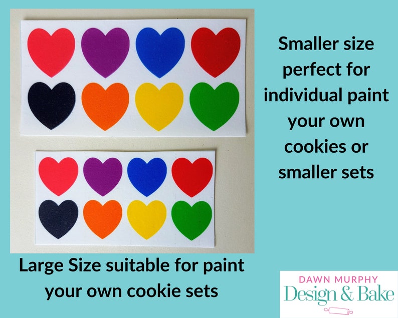 Puede incluir: Dos hojas de pegatinas en forma de coraz&oacute;n en varios colores, incluyendo rojo, morado, azul y verde. El texto dice: "Tama&ntilde;o grande adecuado para pintar tus propios juegos de galletas" y "Tama&ntilde;o m&aacute;s peque&ntilde;o perfecto para pintar tus propias galletas o juegos m&aacute;s peque&ntilde;os".