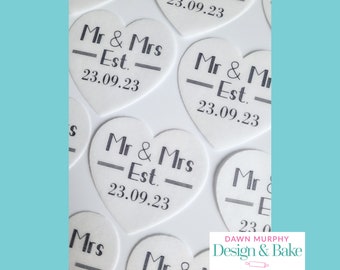 Heart shaped Mr & Mrs Wedding Personalised Edible Toppers Pre Cut for Cakes Cupcakes Drinks Cookies Art Deco Wafer paper, card, icing paper