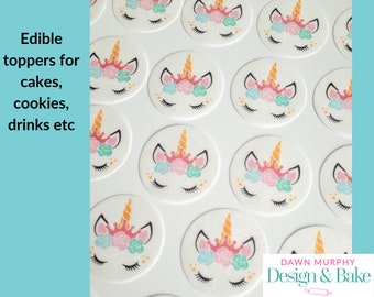 Unicorn Face Edible Toppers PRE CUT for Cakes, Cupcakes, Drinks, Cookies, Desserts Party Happy Birthday Wafer paper, card or icing paper