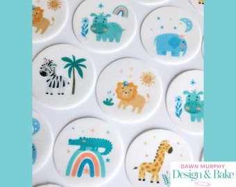 Cute Safari Animals PRE CUT Edible Toppers for Cakes, Cupcakes, Drinks, Cookies, Desserts Party Happy Birthday Wafer paper card, icing paper