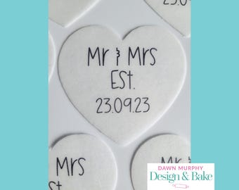 Heart Shaped Mr & Mrs Est Wedding Personalised Edible Toppers Pre Cut for Cakes Cupcakes Drinks Cookies Party Wafer paper, card icing paper