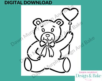 DIGITAL DOWNLOAD SVG Cookie Stencil - Teddy bear with heart balloon Valentine design for paint your own biscuits/cookies *No Physical Item*