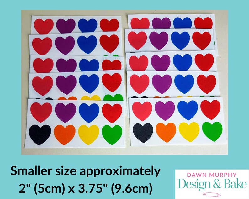 Puede incluir: Hojas de pegatinas con dise&ntilde;os de corazones coloridos en rojo, morado, azul, negro, naranja, amarillo y verde. Cada hoja tiene 12 corazones. El texto de la imagen dice "Smaller size approximately 2" (5cm) x 3.75" (9.6cm)".