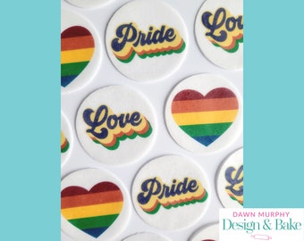 Retro Pride Love Heart Rainbow LGBTQ+ Edible Toppers for Cakes Cupcakes Drinks Cookies Desserts Party Event Wafer paper, card or icing paper