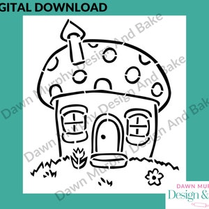 May include: Black and white line art illustration of a mushroom house with a chimney, windows, and a door. The house is surrounded by grass and a flower.