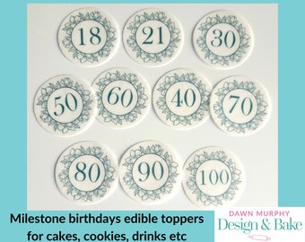 Milestone birthday Edible Toppers Grey Border Cake Cupcakes Drinks Cookies Desserts Party 18 21 30 40 50 60 70 80 90 Wafer / icing paper