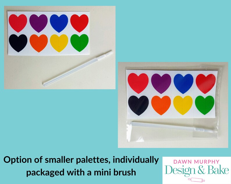 Puede incluir: Un conjunto de paletas en forma de coraz&oacute;n en varios colores, incluyendo rojo, morado, azul, negro, naranja, amarillo y verde, con un mini pincel. El texto dice: "Opci&oacute;n de paletas m&aacute;s peque&ntilde;as, empaquetadas individualmente con un mini pincel."