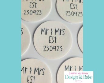 Mr & Mrs Est Wedding Personalised Edible Toppers Pre Cut for Cakes Cupcakes Drinks Cookies Party Wafer paper, card, icing paper custom