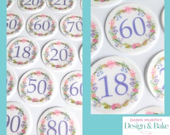 Milestone birthday PRE CUT Edible Toppers Purple Flowers Garden Cake Cupcakes Drinks Cookies Desserts Party 18 21 30 40 50 60 70 80 90 100