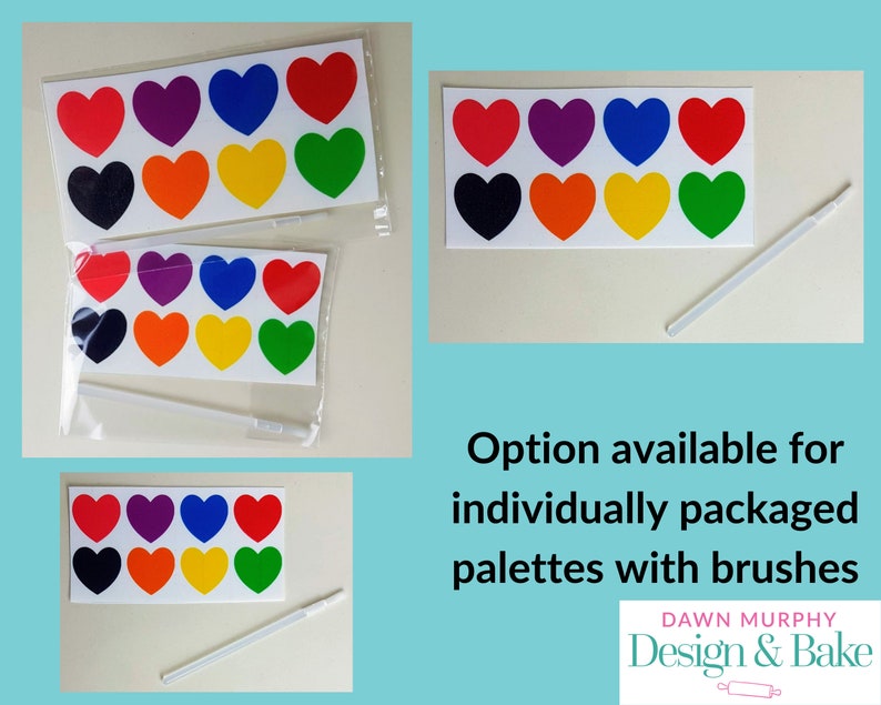 Puede incluir: Pegatinas en forma de coraz&oacute;n en varios colores, como rojo, morado, azul y verde. La imagen tambi&eacute;n muestra un pincel blanco. El texto de la imagen dice "Opci&oacute;n disponible para paletas empaquetadas individualmente con pinceles" y "Dawn Murphy Design & Bake".