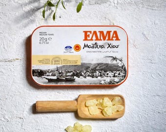 Chios Mastiha / Mastic Gum.  Medium Tears 20 g. / 0.7 oz in food grade metal tin. Product of Chios, Greece. Best selling Brand in the US.