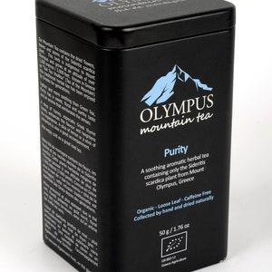 Purity. OLYMPUS Organic Greek Mountain Tea / Sideritis Scardica. Metal Tin Box 50 g. / 1.76 oz