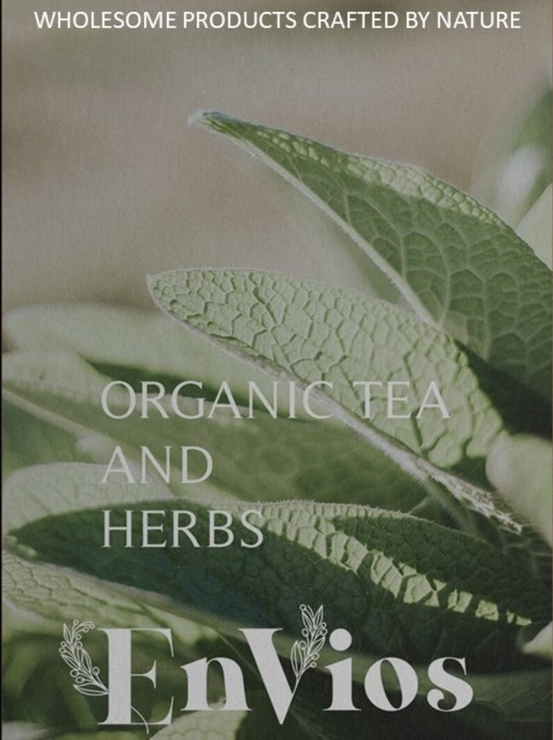 May include: Close-up of green leaves with the text "ORGANIC TEA AND HERBS" and the logo "EnVios" in white lettering.