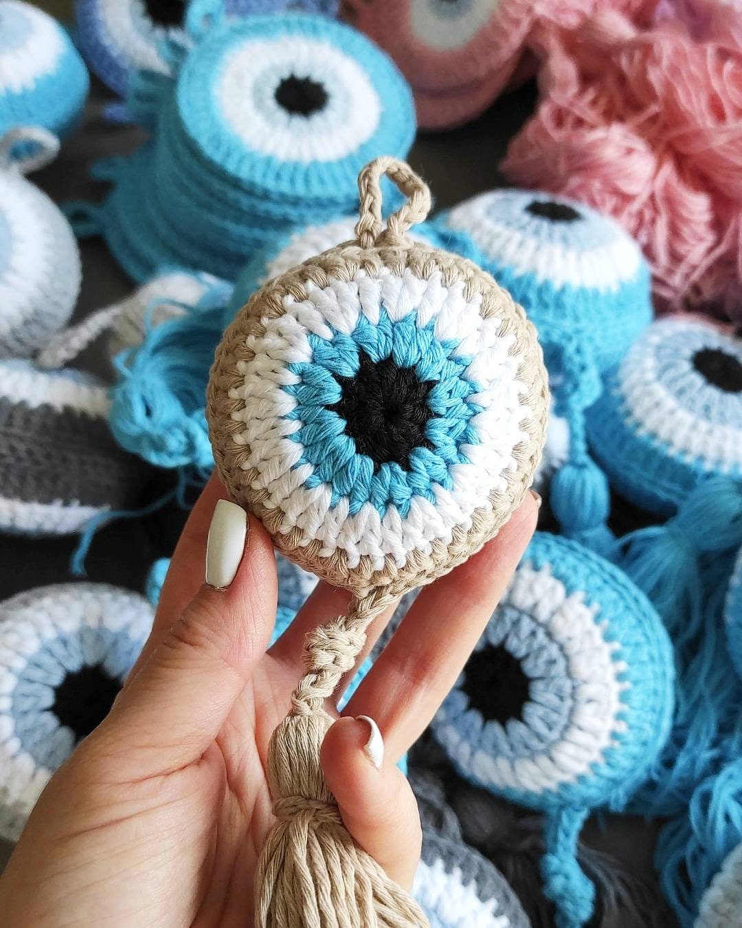 Crochet Cotton Bag with Evil Eye Charm Turquoise Blue Tote Bag Gift Giving