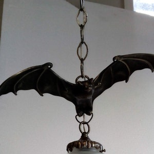 FABULOUS! #109 Artist-made Solid BRONZE Gothic Bat Chandelier! W/Antique Swirl Globe. Made in U.S.A.