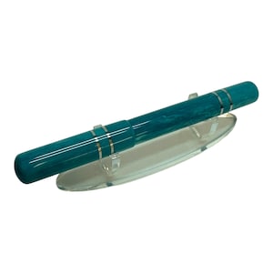 May include: A cylindrical fountain pen with a marbled teal and white resin body, featuring two thin silver-coloured metal bands near the cap and barrel junction, resting horizontally on a clear, curved acrylic display stand.