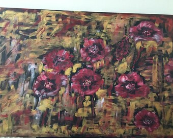 Amapolas en el campo dorado, flores rojas, negras y doradas, arte de pared grande único