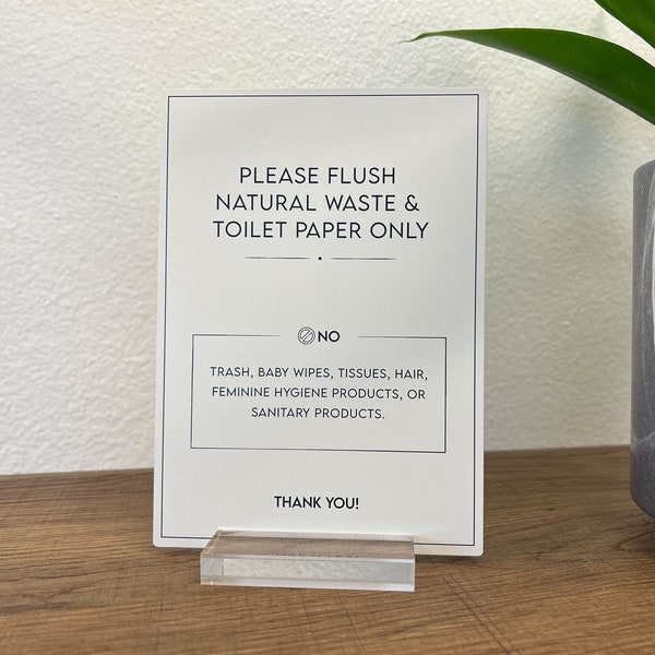 Septic Tank Toilet Flush Acrylic Sign - Toilet Paper & Natural Waste - Ready to Stick - Wall-Mountable Adhesive and Desk Stand