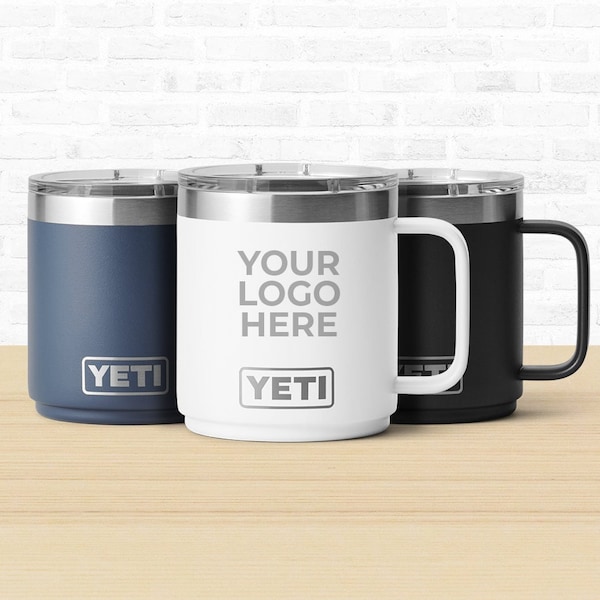 Custom Engraved YETI Rambler with Mug Handle - Stackable - 10 oz - Stainless Steel with Magslider Lid - Your Logo - RTIC coffee tumbler