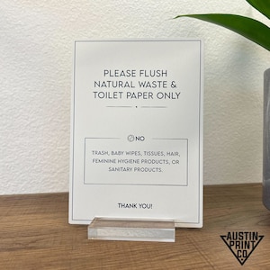 Septic Tank Toilet Flush Acrylic Sign - Toilet Paper & Natural Waste - Ready to Stick - Wall-Mountable Adhesive and Desk Stand