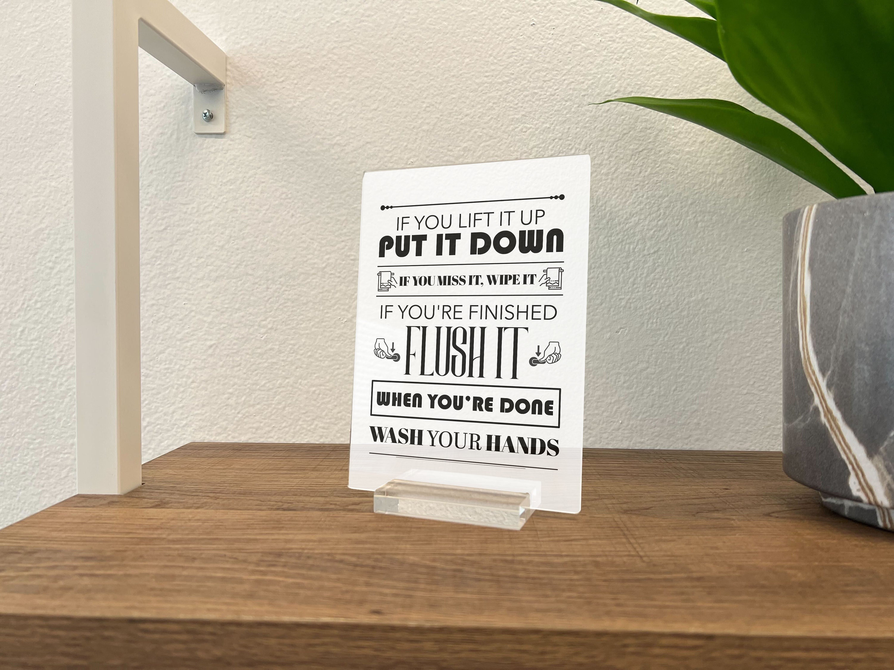Acrylic Bathroom Flushing Notice and Hand Washing Sign for Airbnb, Home, Hotel - Stand on Toilet - Includes Foam Adhesive for Wall Hanging