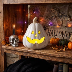 May include: A white ceramic jack-o'-lantern with a glowing interior, positioned next to a silver skull candle holder with a black taper candle, small orange and green pumpkins, and a wooden sign with the text HALLOWEEN in black letters.