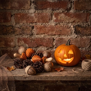 May include: A carved orange pumpkin jack-o'-lantern with a glowing tea light inside, positioned next to a cluster of brown pinecones, wooden mushroom figures, and decorative acorns wrapped in hessian, alongside a small ball of twine.