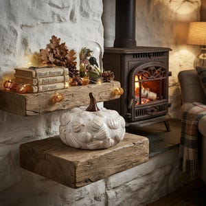 May include: A white ceramic pumpkin with a brown stem sits on a rustic wooden shelf. Above it, a second wooden shelf holds three stacked books titled Ghost Stories, Folklore, and Harvest, alongside a glass cloche containing a bird skull.
