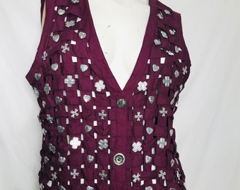 Vintage 90s club vest with silver charms / INCREDIBLE embellished open weave / red mesh cotton / burgundy sleeveless top / medium large