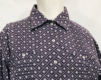 Vintage cottagecore shirt purple ditzy floral / 80s 90s Banana Republic tuxedo detail long sleeve blouse  / 100% cotton / small-medium