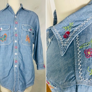 Vintage 60s chambray embroidered light denim shirt / true vtg OOAK grail / 70s psych floral cottagecore butterfly collar / small medium image 1