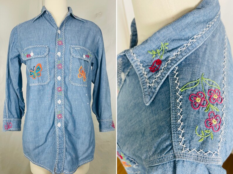 Vintage 60s chambray embroidered light denim shirt / true vtg OOAK grail / 70s psych floral cottagecore butterfly collar / small medium image 1