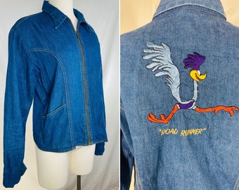 Vintage 1970s denim Talon zip jacket with butterfly collar / handmade Looney Tunes roadrunner embroidered / OOAK grail custom / medium large